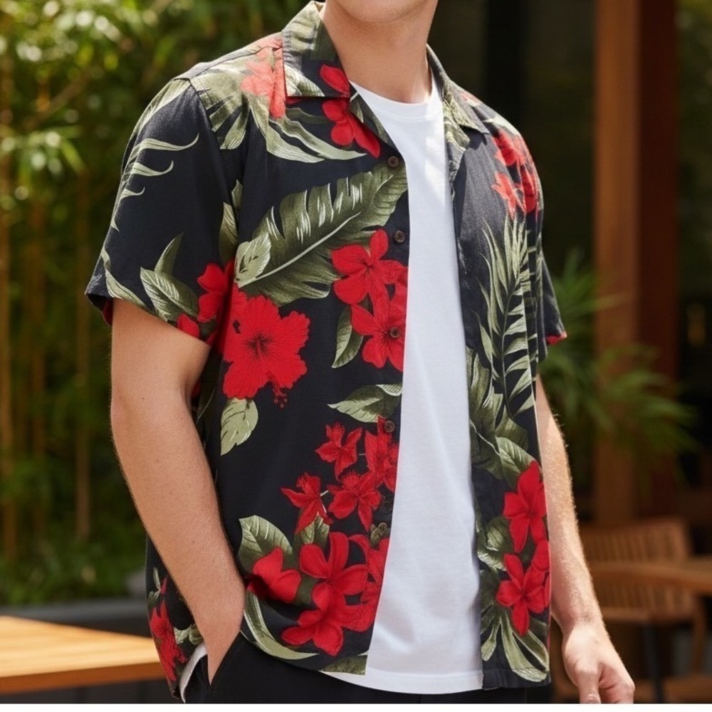 Favant Button Down Mens S Black Hawaiian Shirt Floral Palm Rayon Short Sleeve